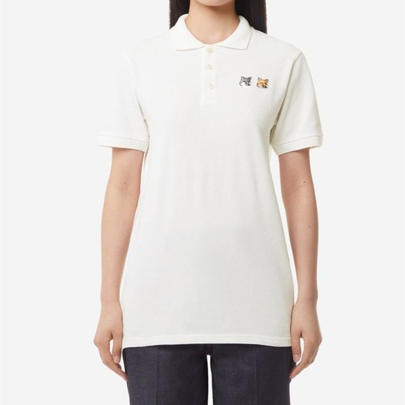 Maison Kitsune Double Fox Patch Embroidered Polo Shirt White - Picture 2 of 8